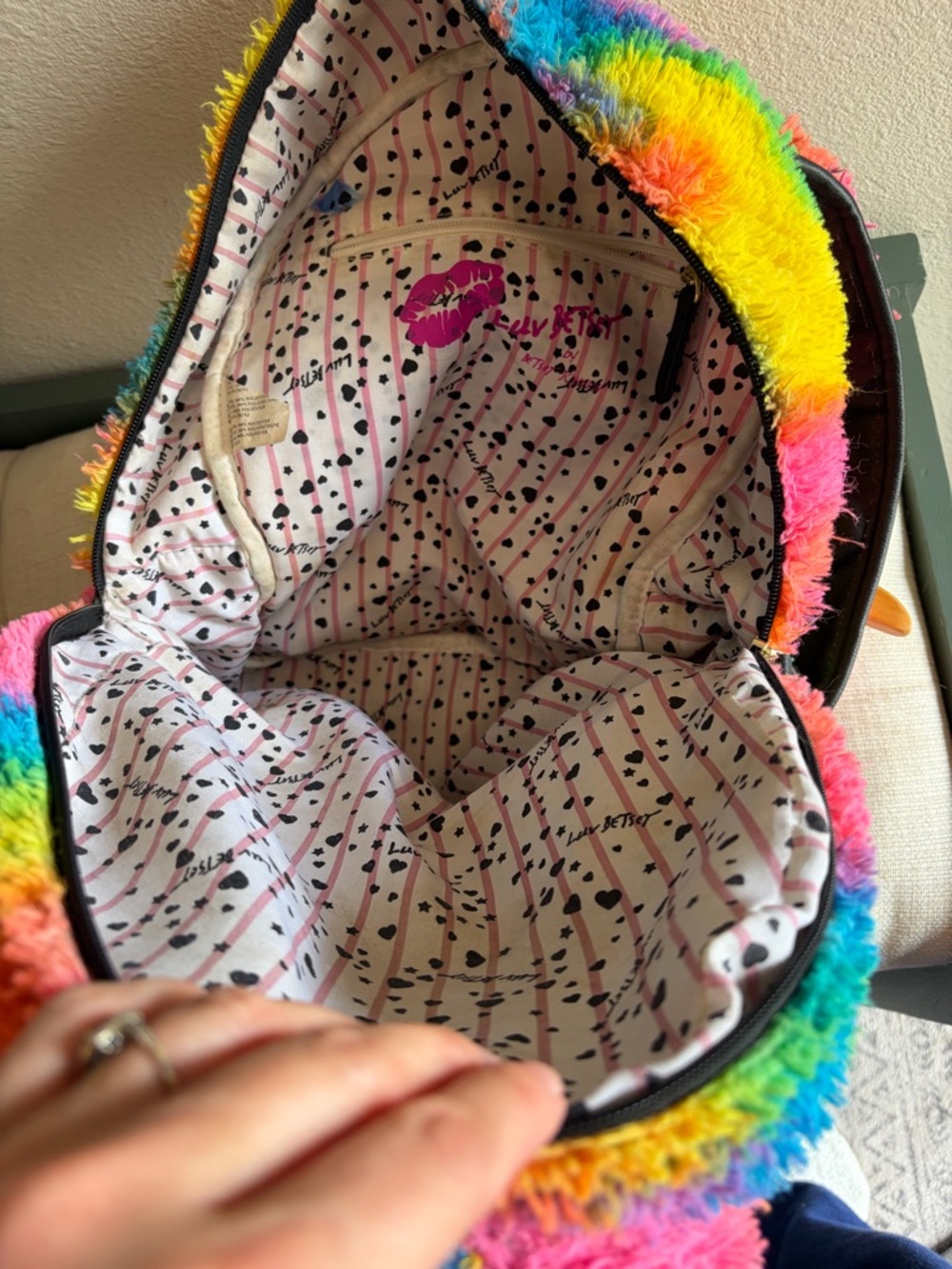 Betsey Johnson Unicorn Rainbow Faux Fur Backpack Rare 15” X 15” - Picture 9 of 11